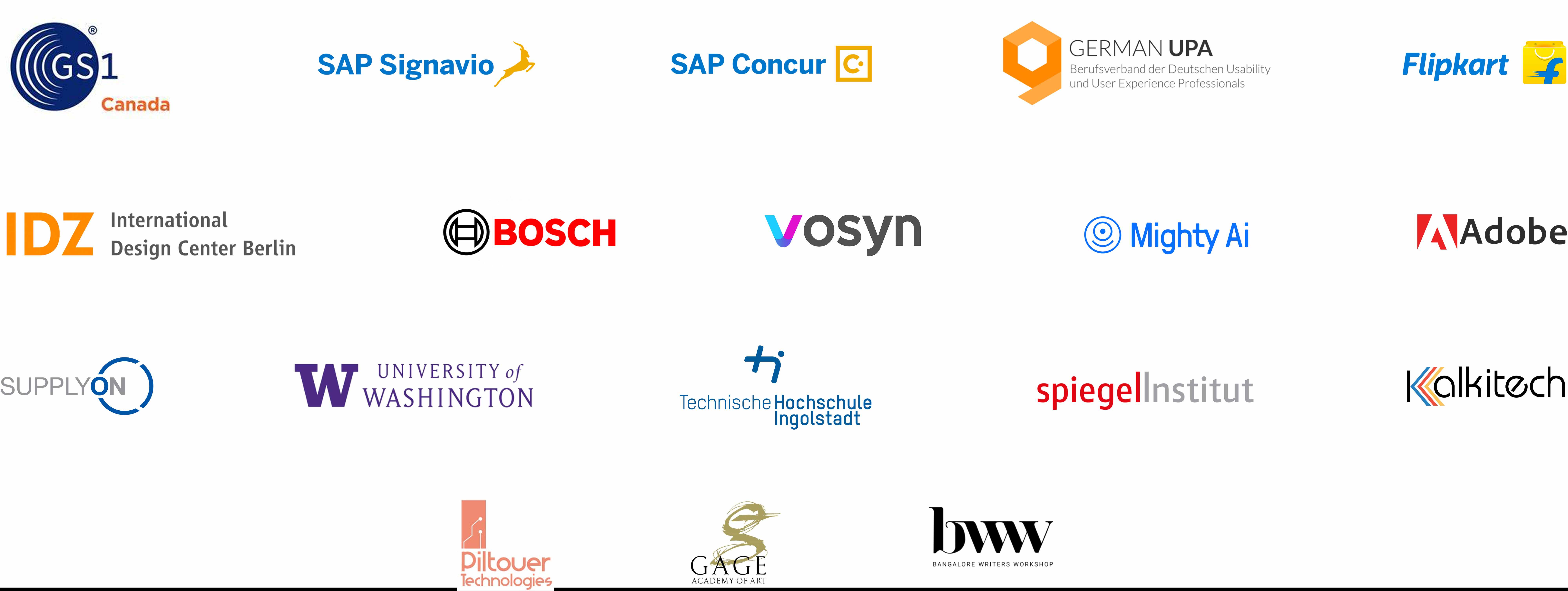 Professional Associations and Companies including GS1 Canada, SAP, BOSCH, Adobe, German UPA, IDZ, University of Washington, and more